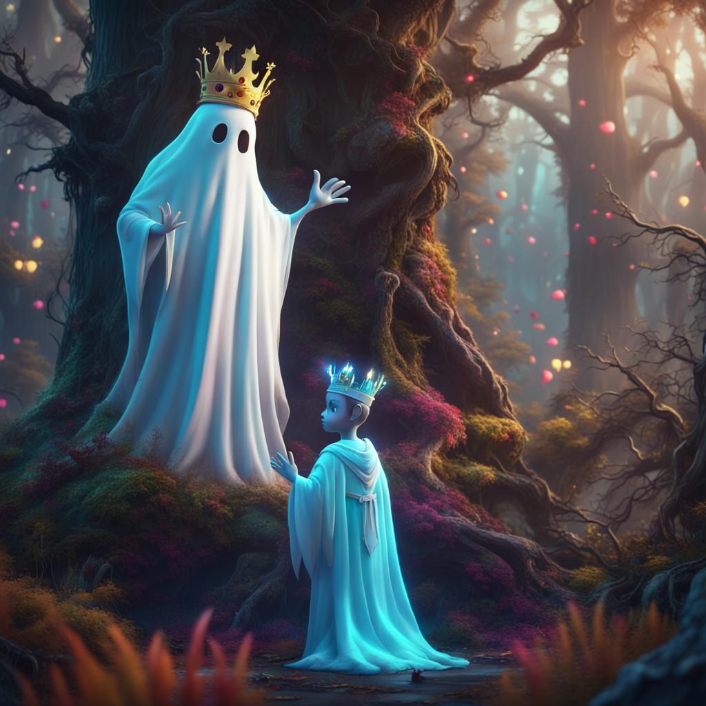 Cute Ghost and Young King in Fantasy Forest