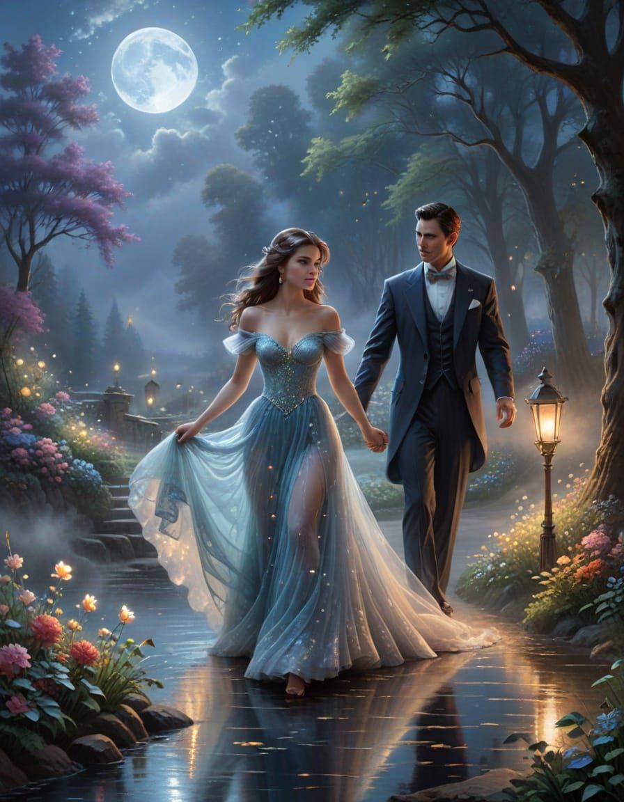 Couple Walks in Moonlight Through Ethereal Mist