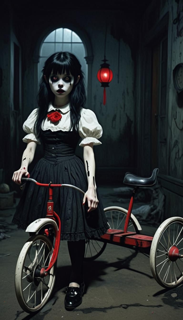 Ghost Girl on Tricycle in Dark Fantasy Style