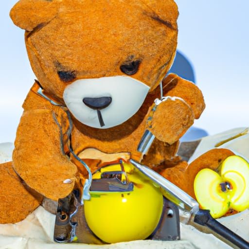 Teddy Bear Surgeon Operating on Apple, Hyperrealistic