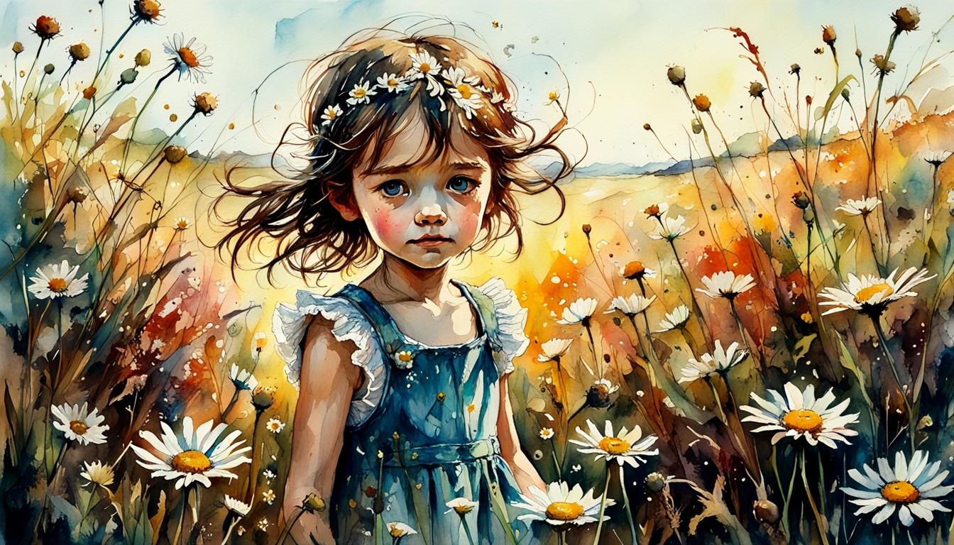 Daisy Field Macro Photograph in Watercolor Style