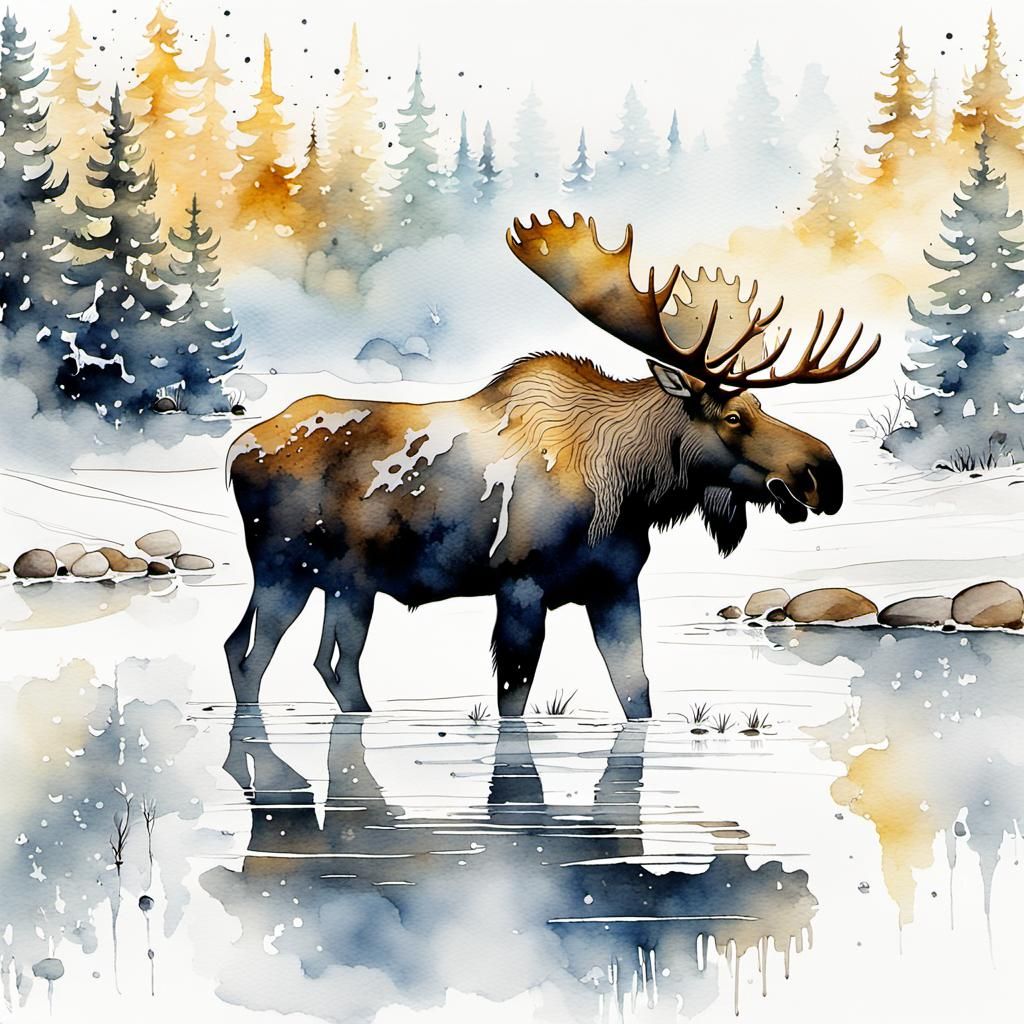 Majestic Moose in Winter Forest: Watercolor and Ink