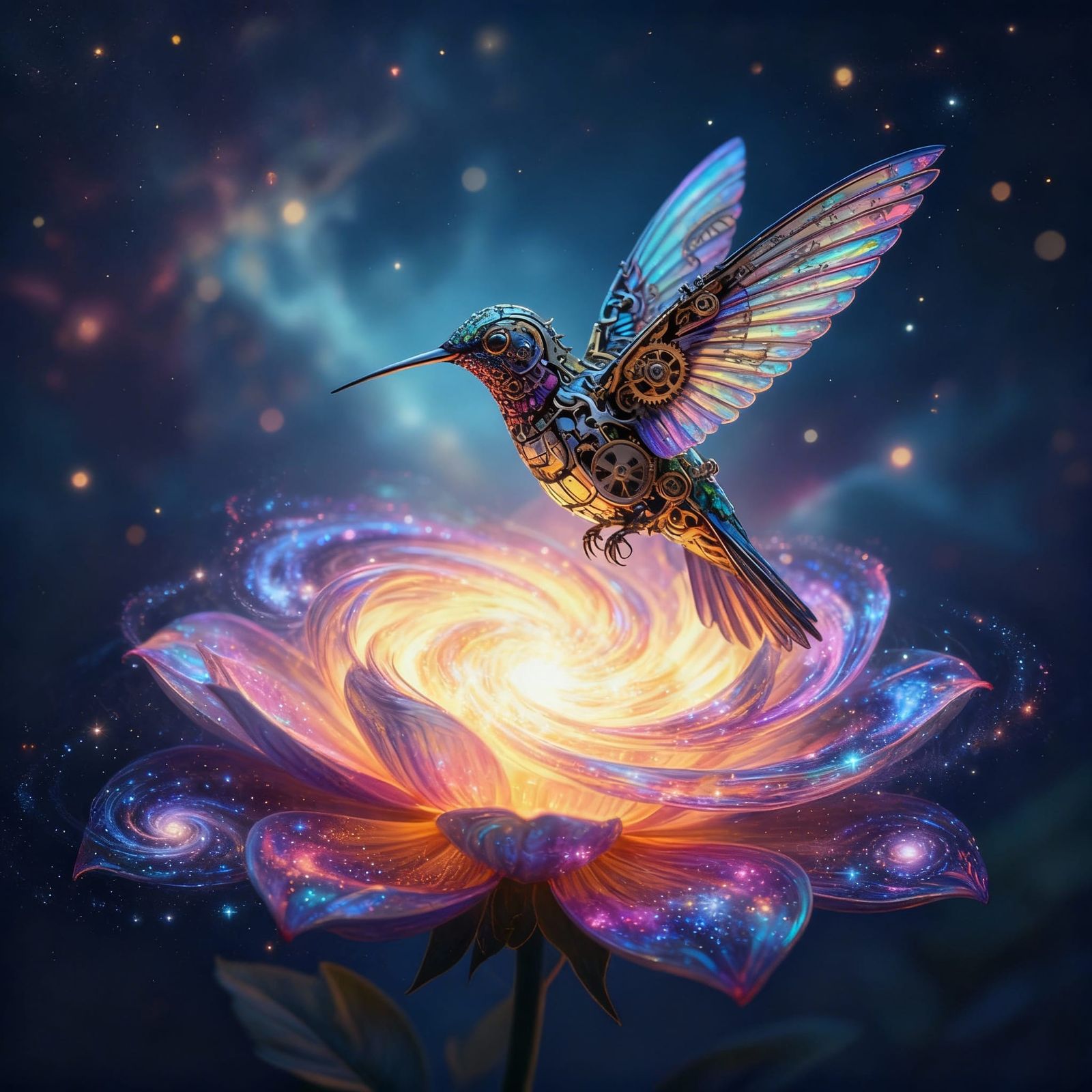 Mechanical Hummingbird Over Luminous Flower in Nebula