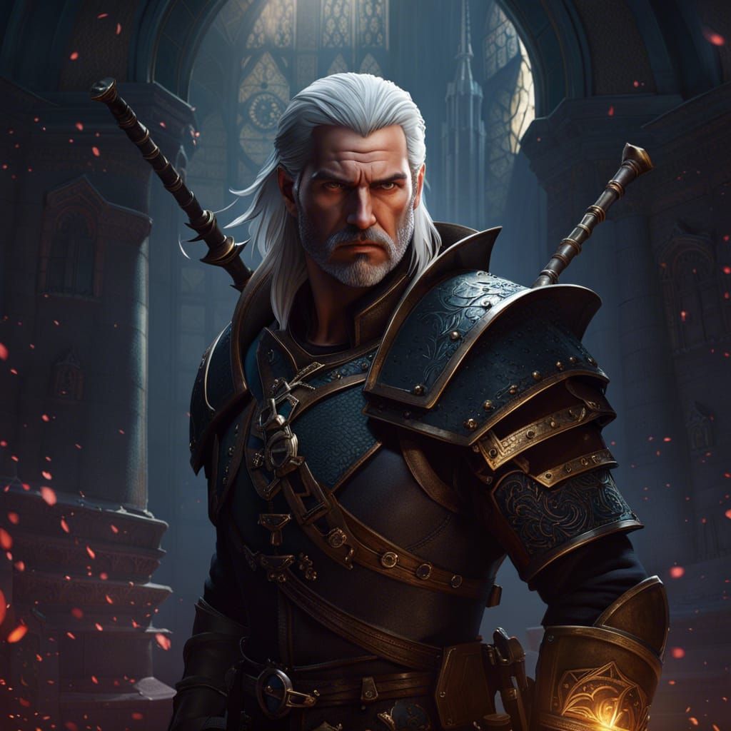 Hyperrealistic Portrait of Geralt of Rivia as Gouache Painti...