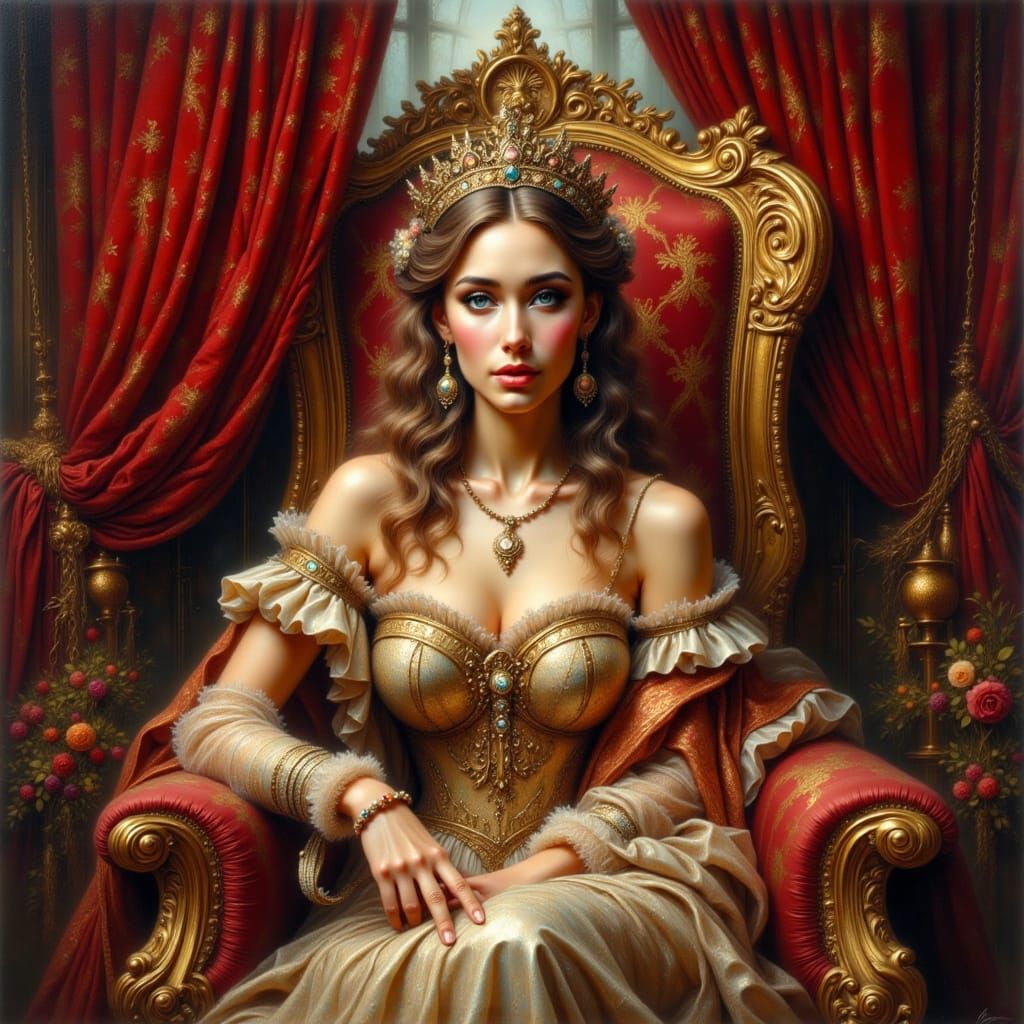 Regal Woman Lost in Thought, Oil on Canvas in Realism Style