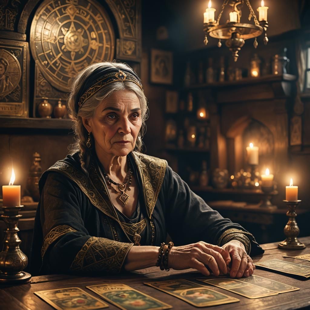 Mystical Fortune Teller in Dim Tavern, Fantasy Art