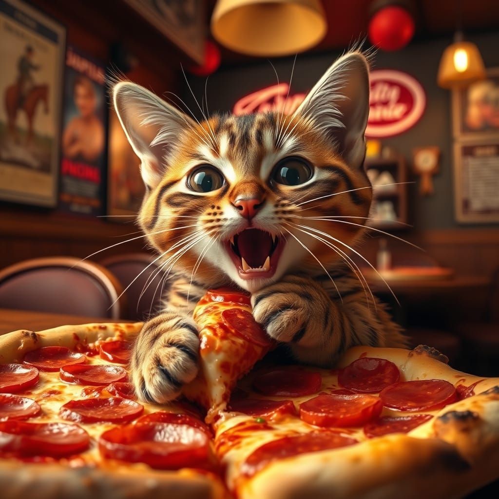 Feline Surprised by Pizza in a Cozy Italian Parlor