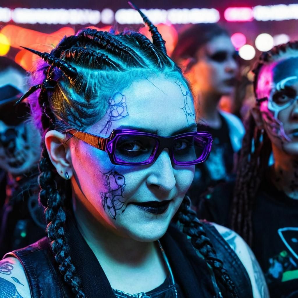 Cyberpunk Witch at Concert: Neon and Metallic Accents