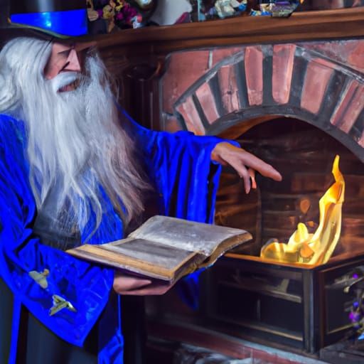 Magician Reading by Fireplace in Photorealistic Style