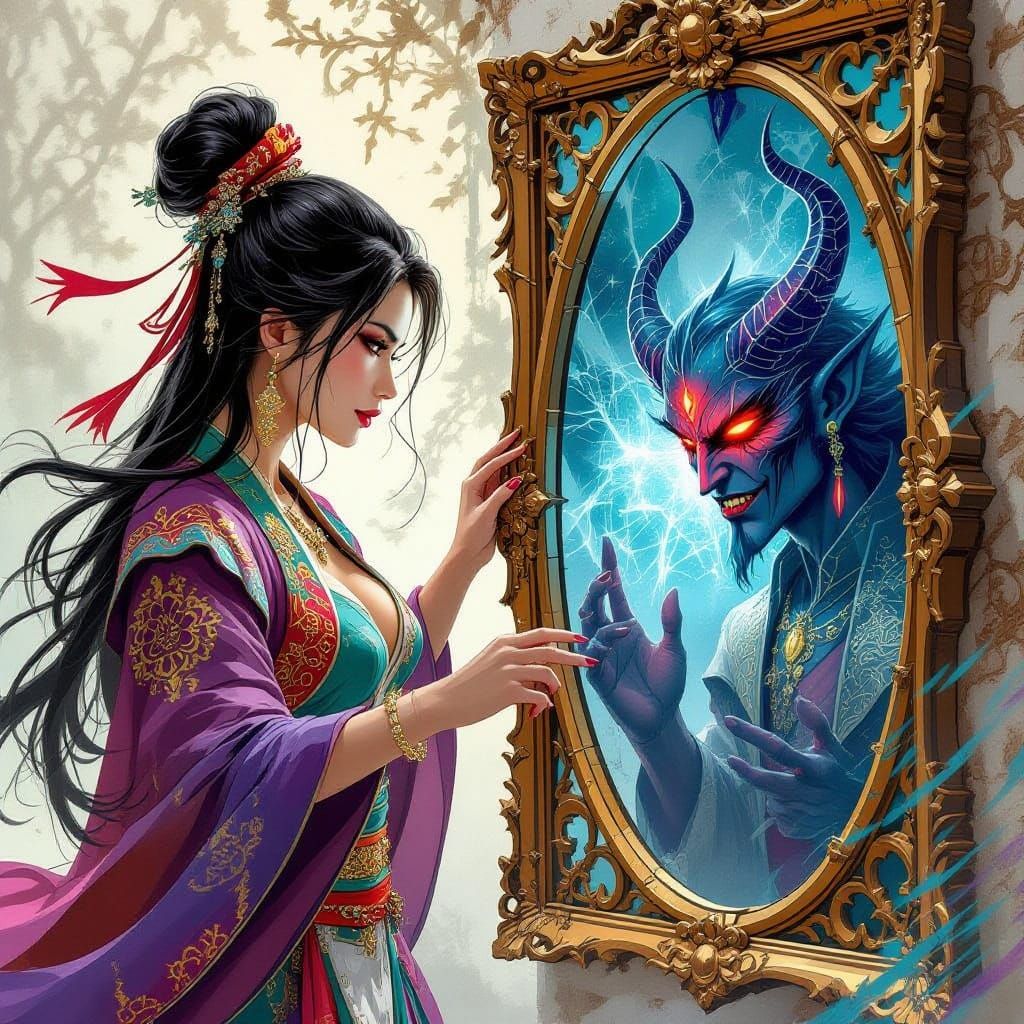 Sorceress Battles Demonic Reflections in Vibrant Fantasy Art
