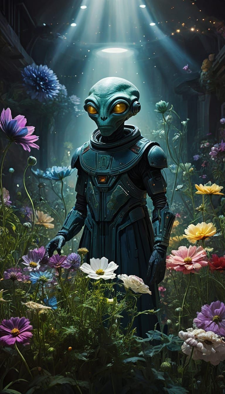 Spectral Alien Florist in Cosmos, Painted in Aquarelle Style