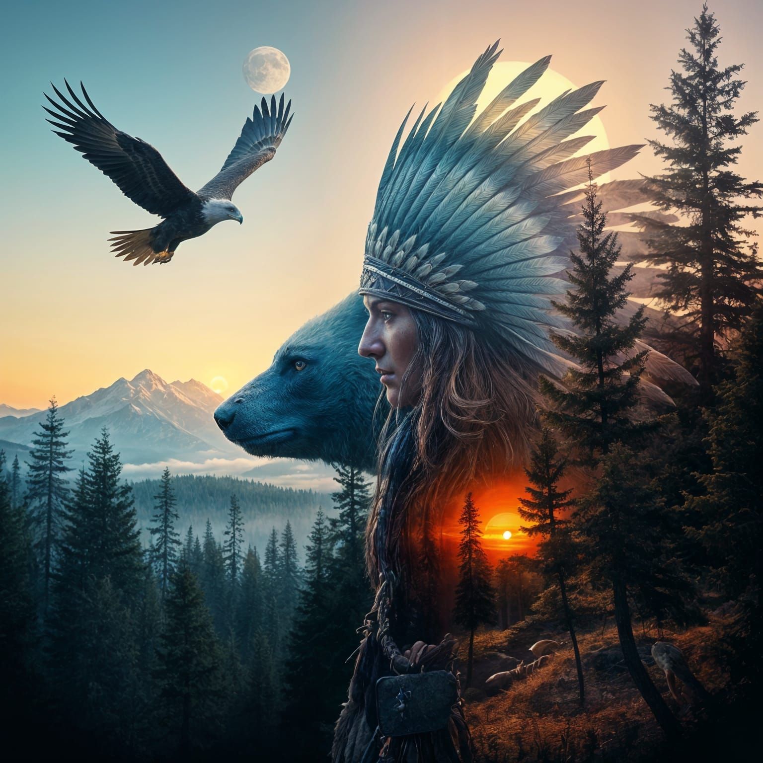 Native American Warrior Double Exposure in Art Nouveau Style