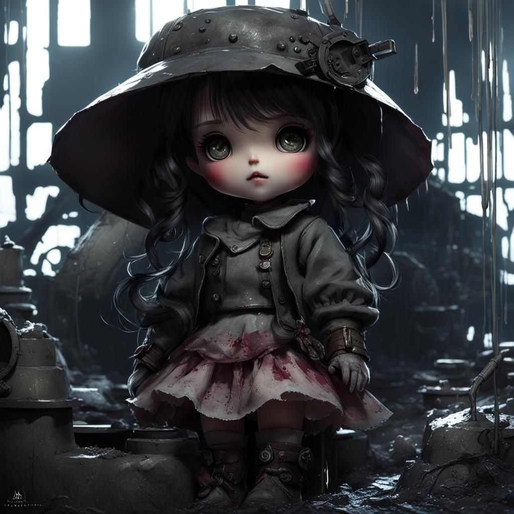 Kawaii Doll in Sewer, Detailed Digital Art