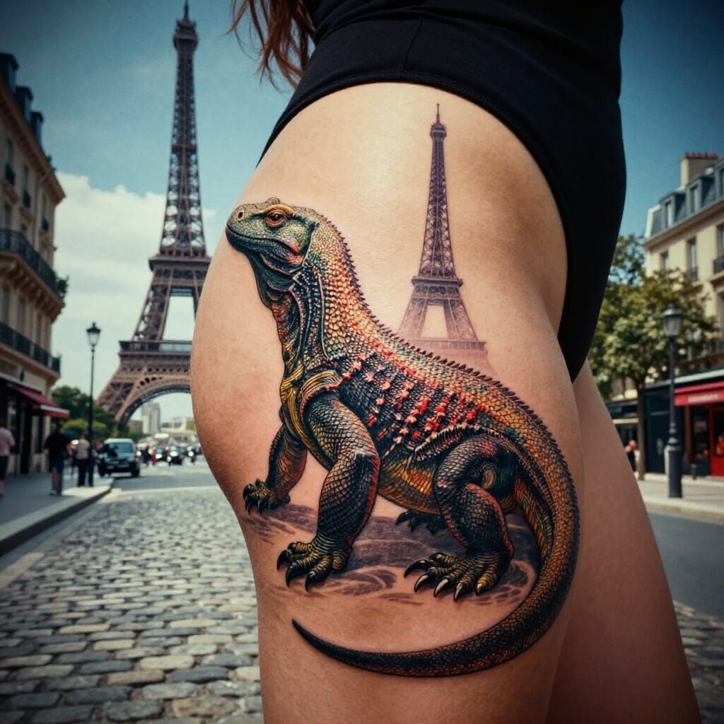 Hyperrealistic Komodo Dragon Tattoo on Buttocks in Paris Cit...