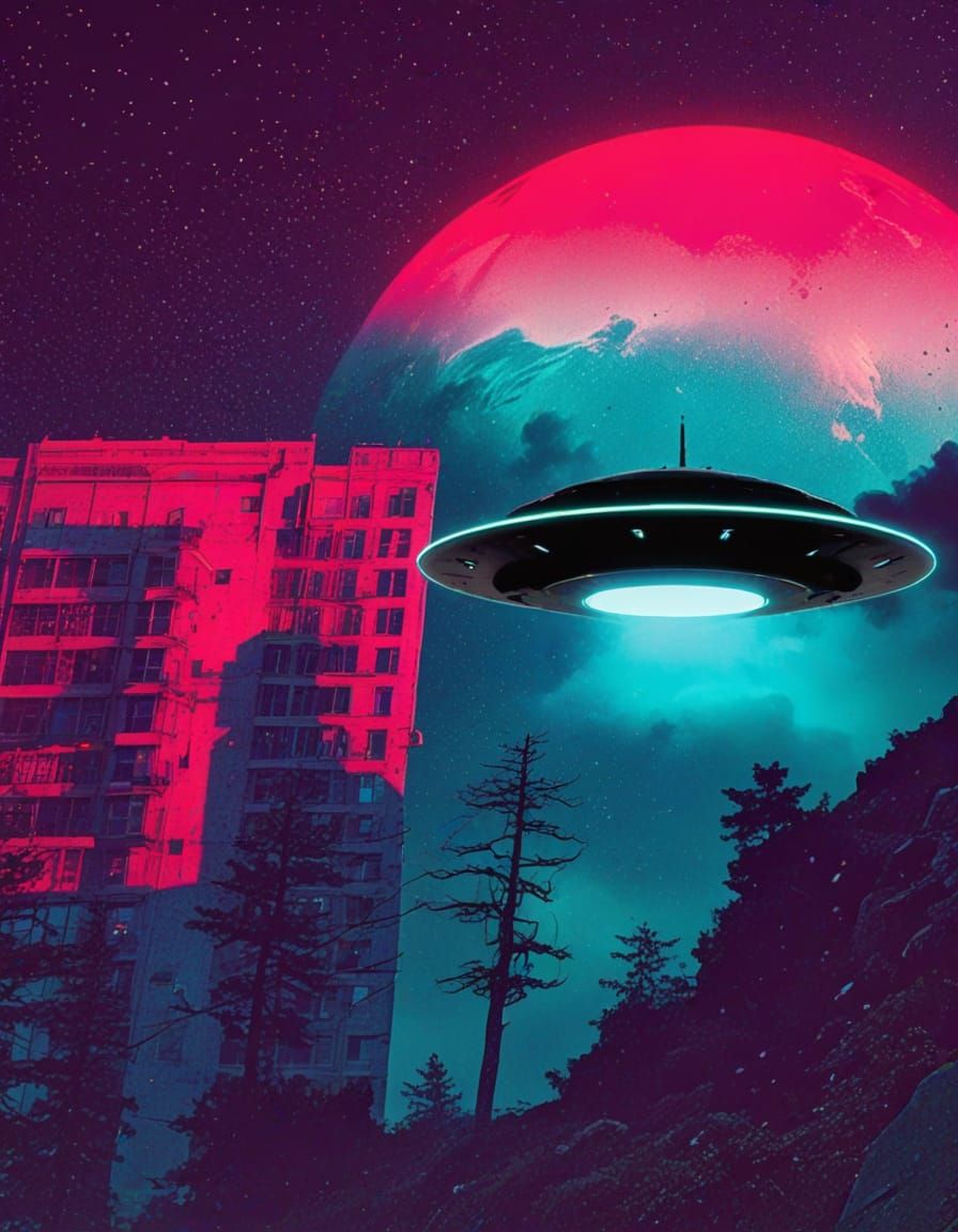 Surreal UFO Descends in Neon-Lit Night Sky