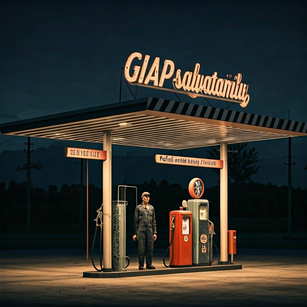Vintage Petrol Station at Dusk in Retro Style