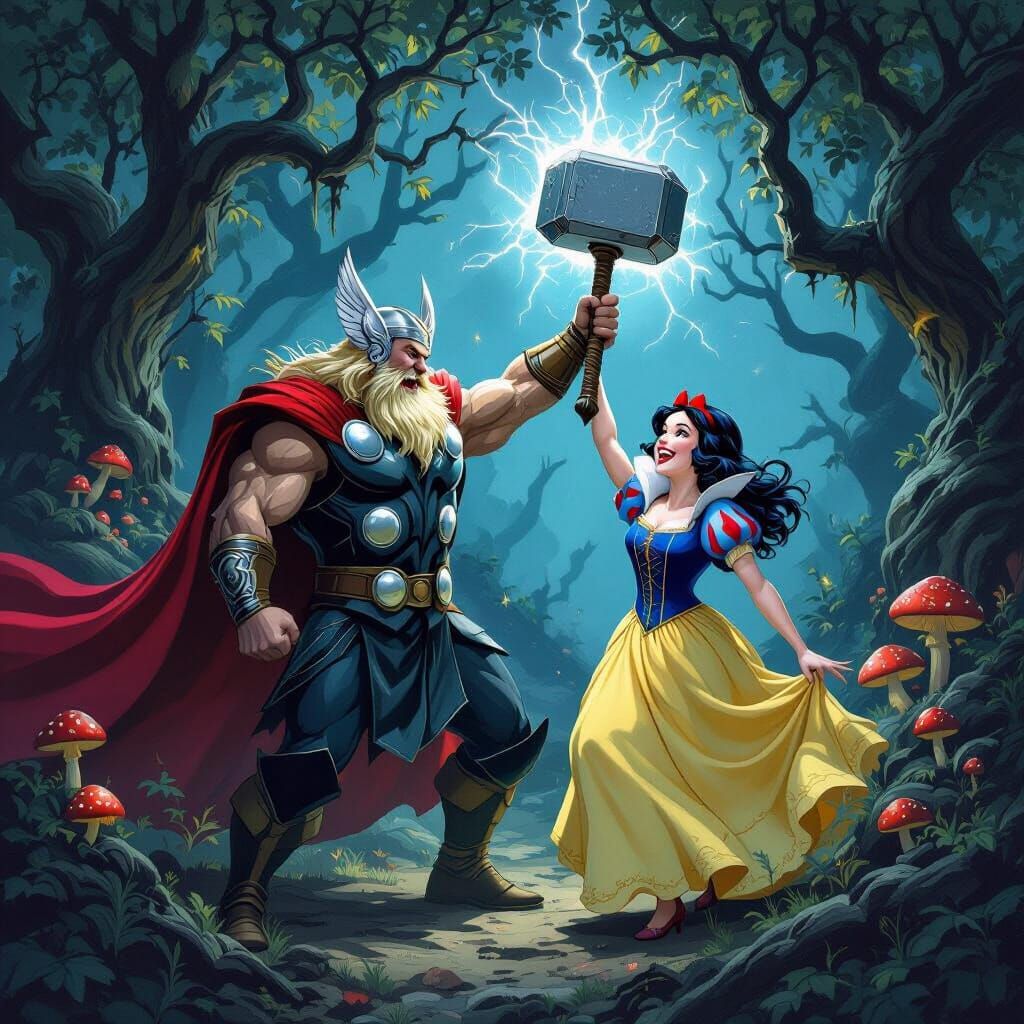 Thor's Rage: Snow White Steals Mjolnir in Fantasy Forest