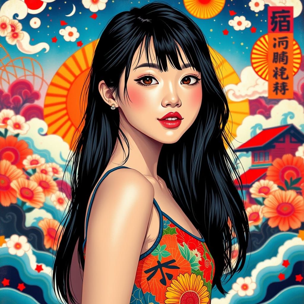 Asian Woman in Colorful Japanese Anime Style