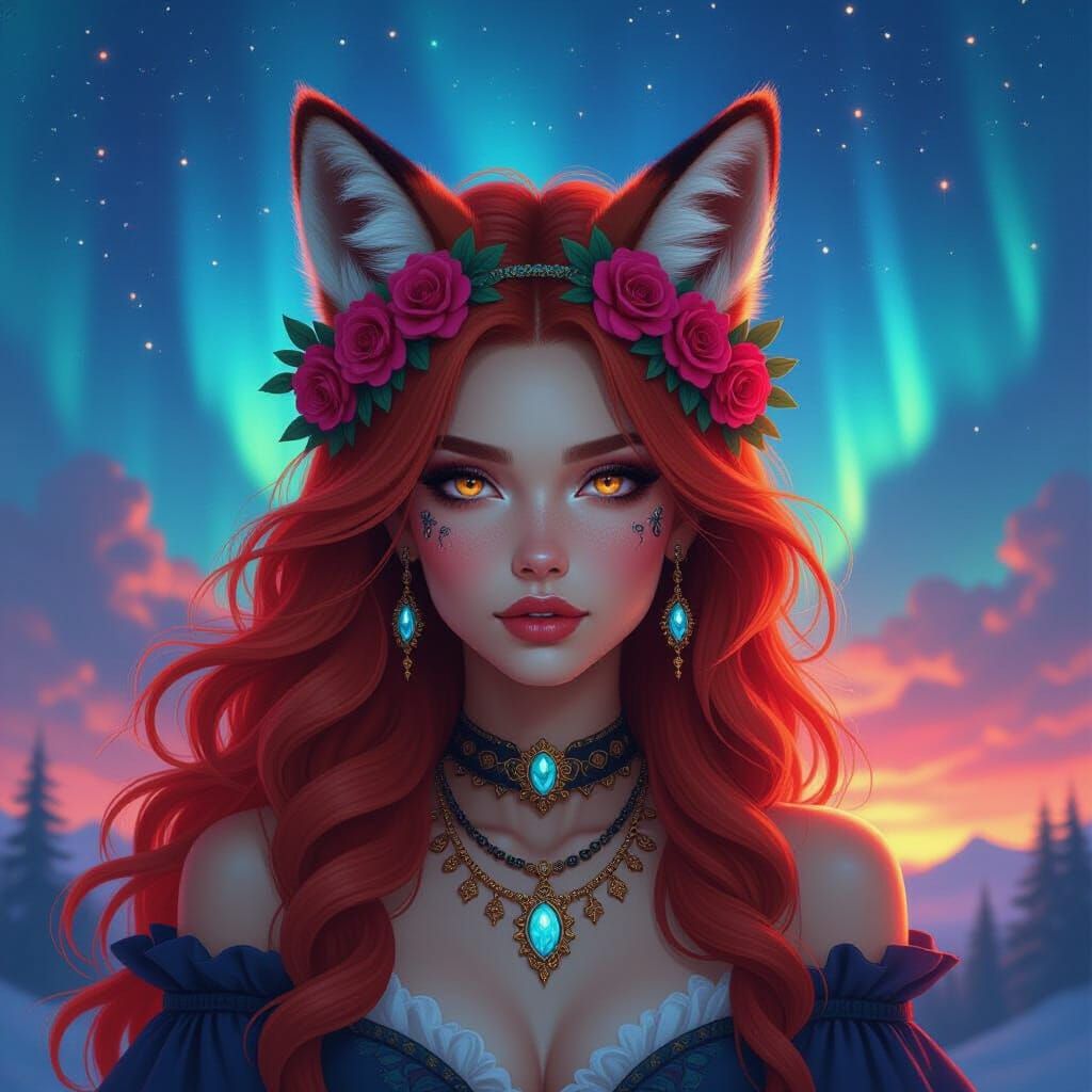 Surreal Fox-Woman with Aurora Sky, in Psychedelic Style