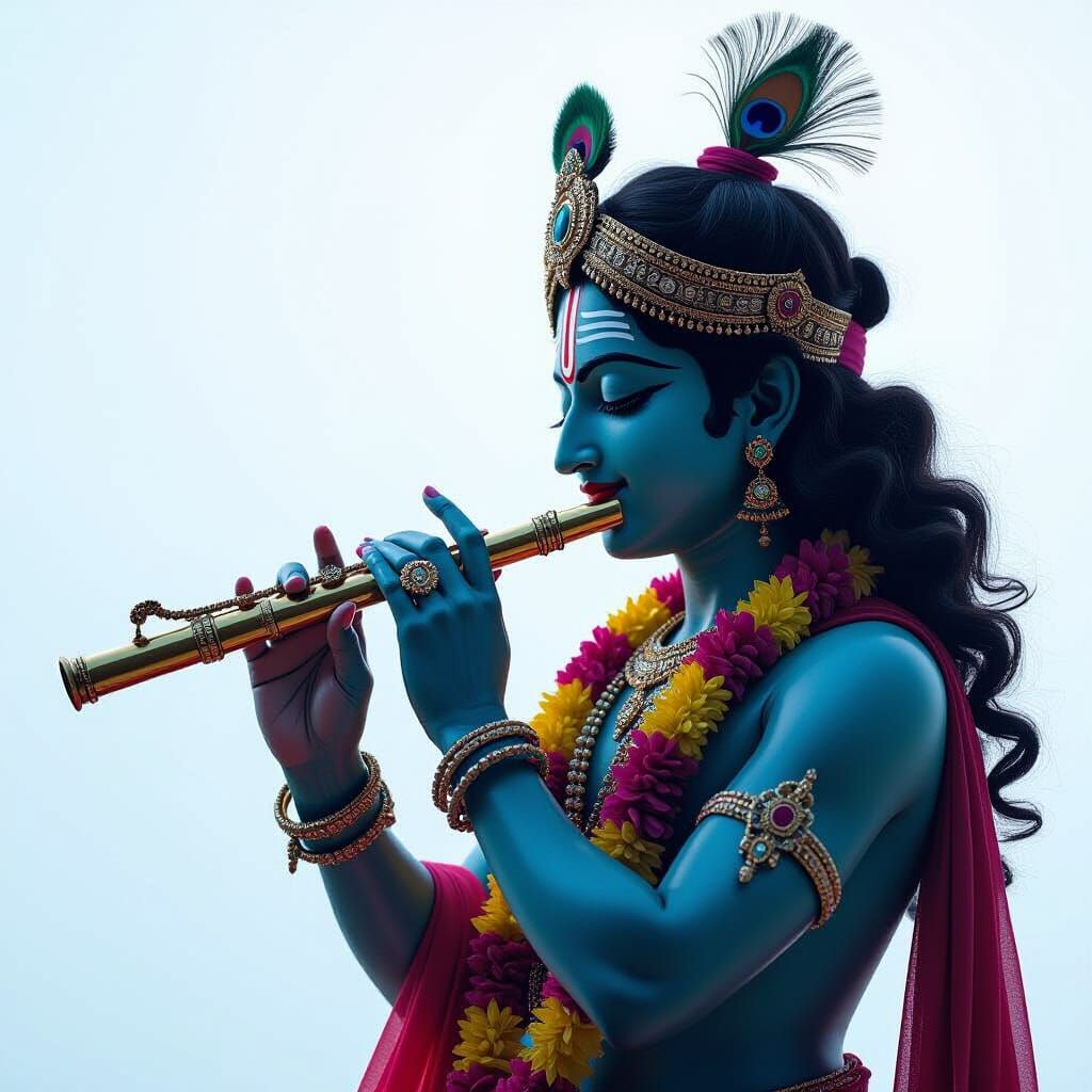 Lord Krishna Silhouette with Flute in Expressive Brushstroke...