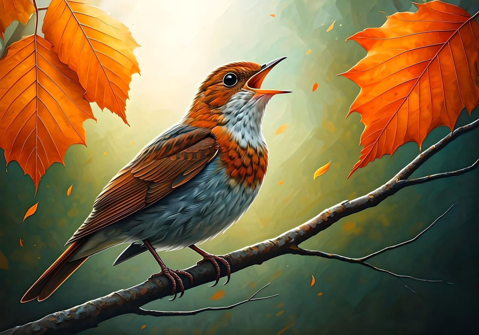 A nightingale bird sitting on a branch of a tree with his mo...