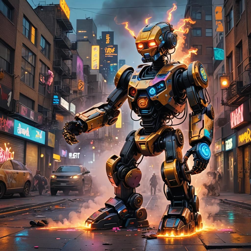 Hyperrealistic Graffiti Art of Robot Baby in Cityscape