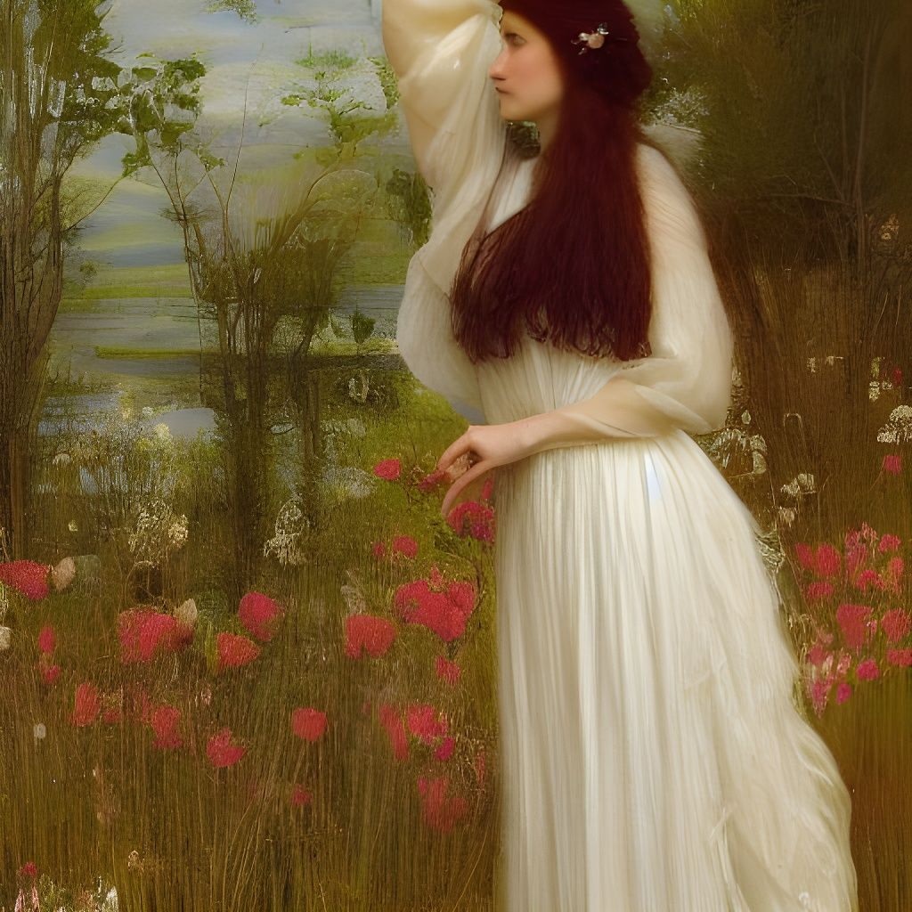 Romantic Portrait in Waterhouse Style, Flower Field