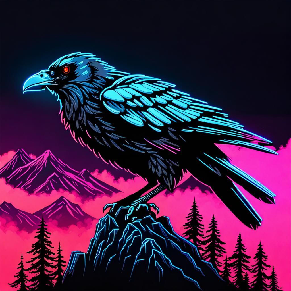 Cyberpunk Raven Logo on Mountain in Neon Style