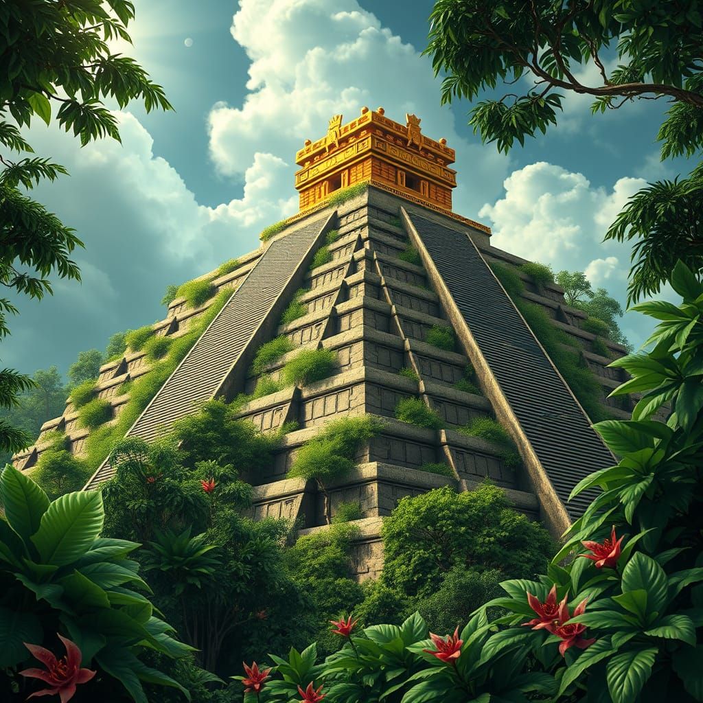 Ancient Aztec Pyramid Emerges from Vibrant Jungle in Anime-I...