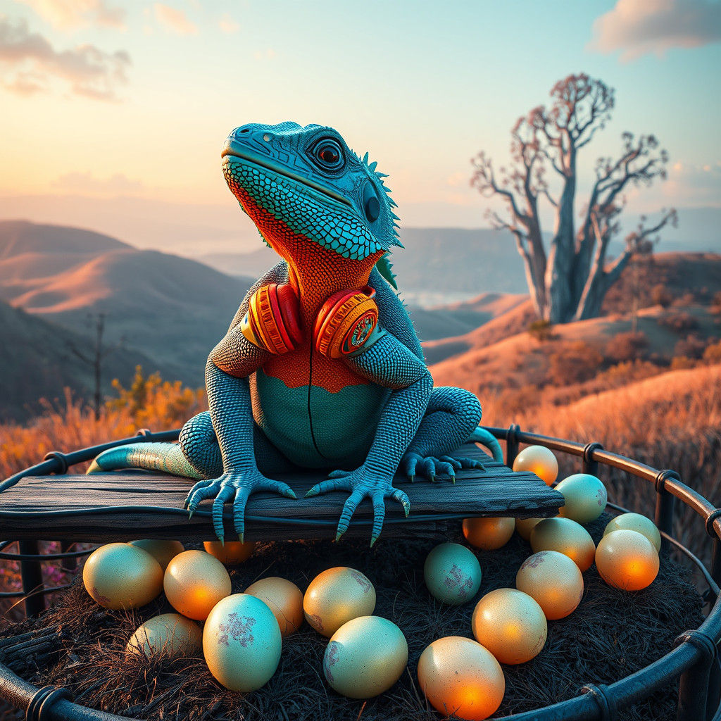 Iguana with Headphones on Trampoline: Surreal Art