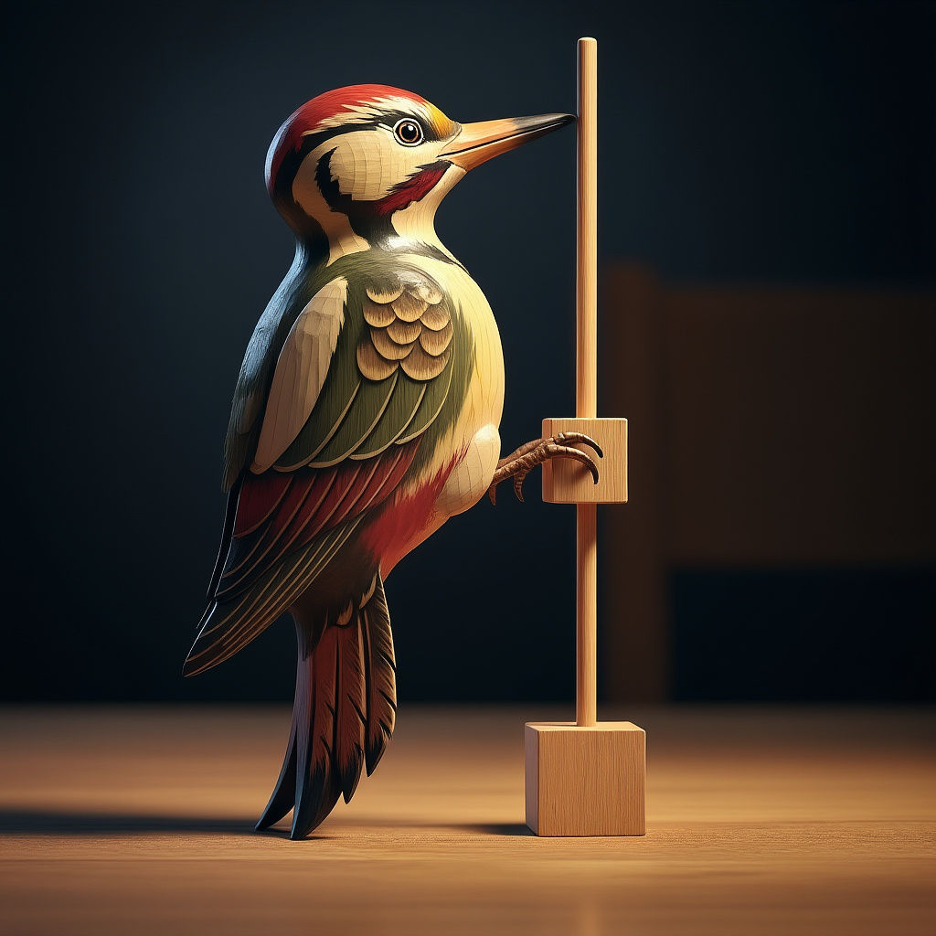 Vintage Carved Woodpecker Toy in Motion