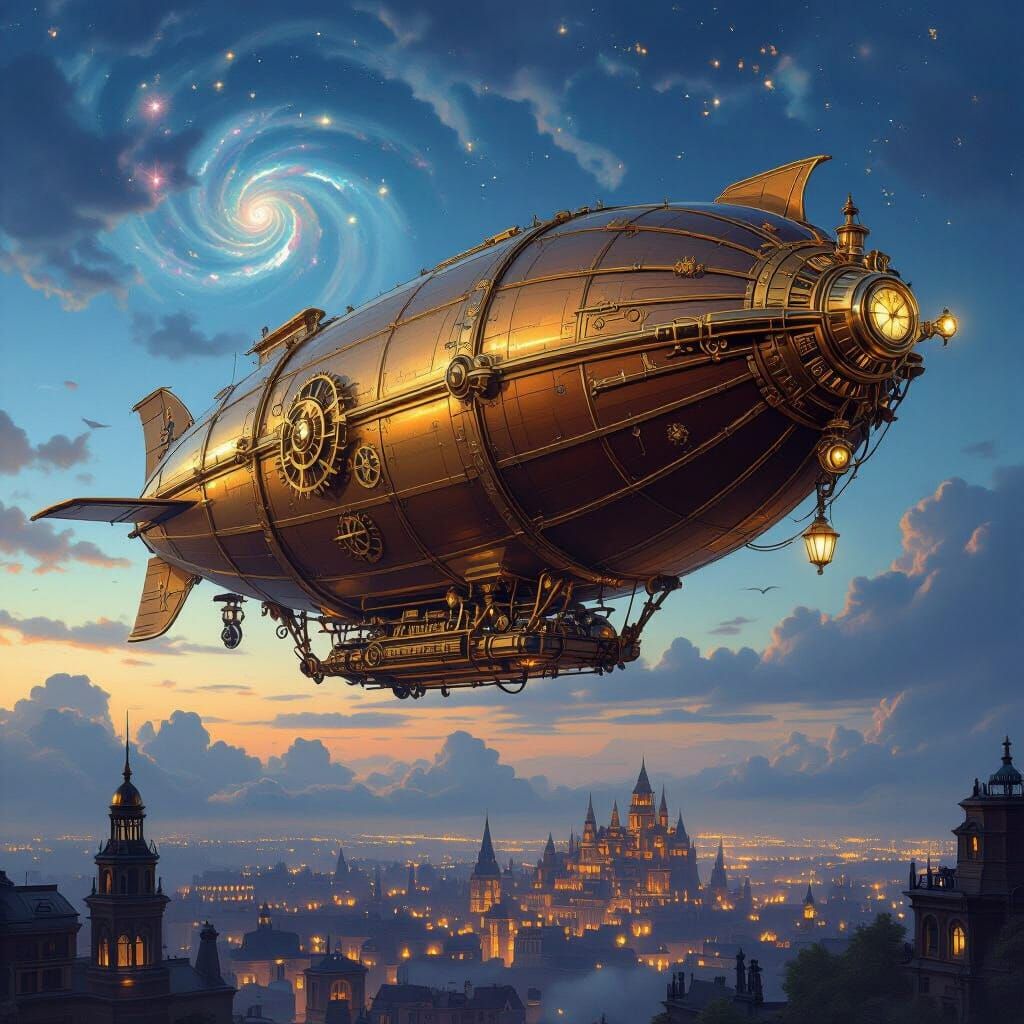 Steampunk Airship Over Victorian City at Twilight