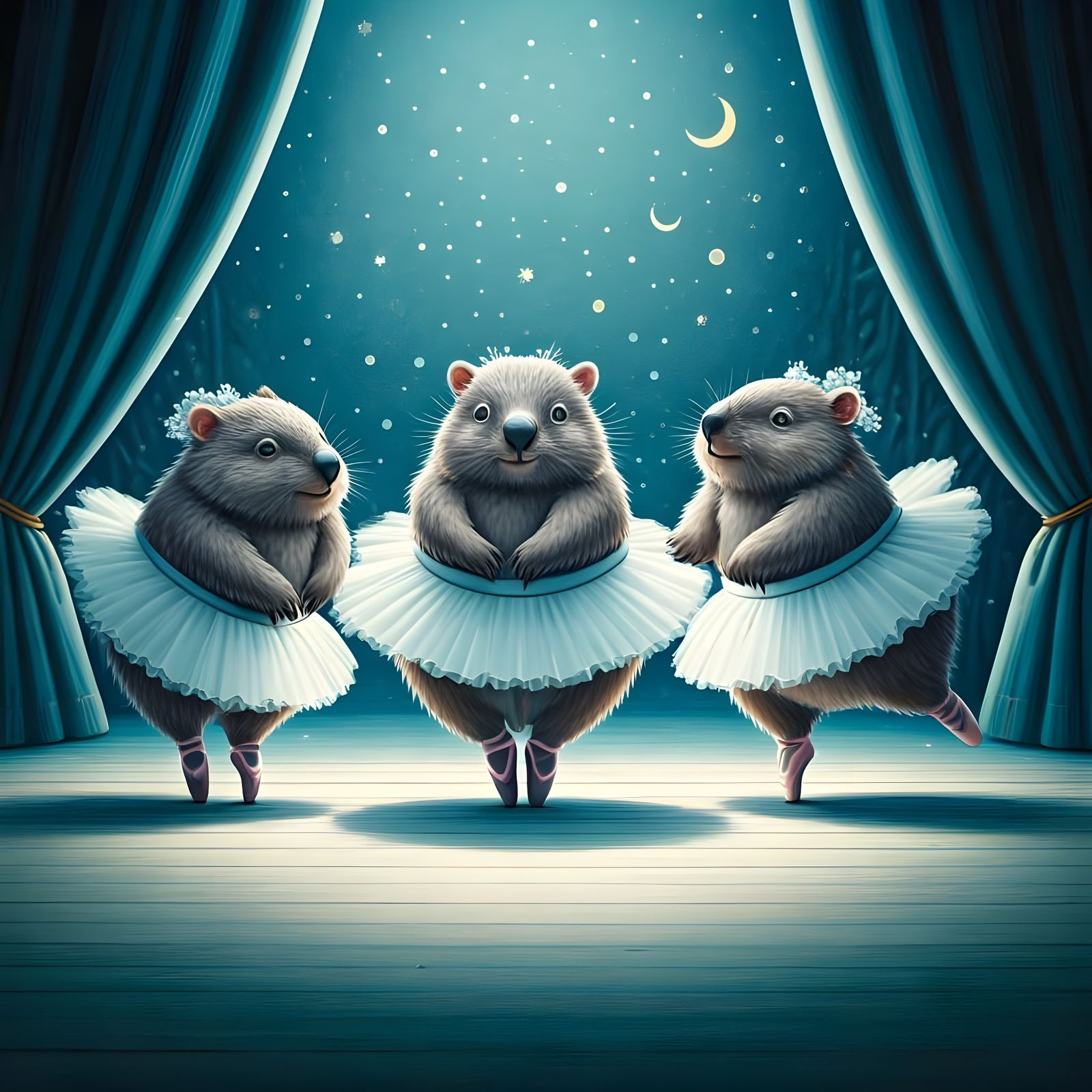 Three Fat Wombats Dancing Swan Lake in Whimsical Storybook S...