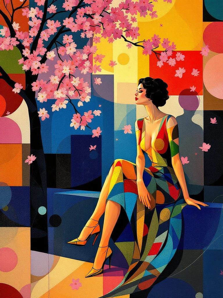 Abstract Geometric Garden with Retro Pin-Up Fusion