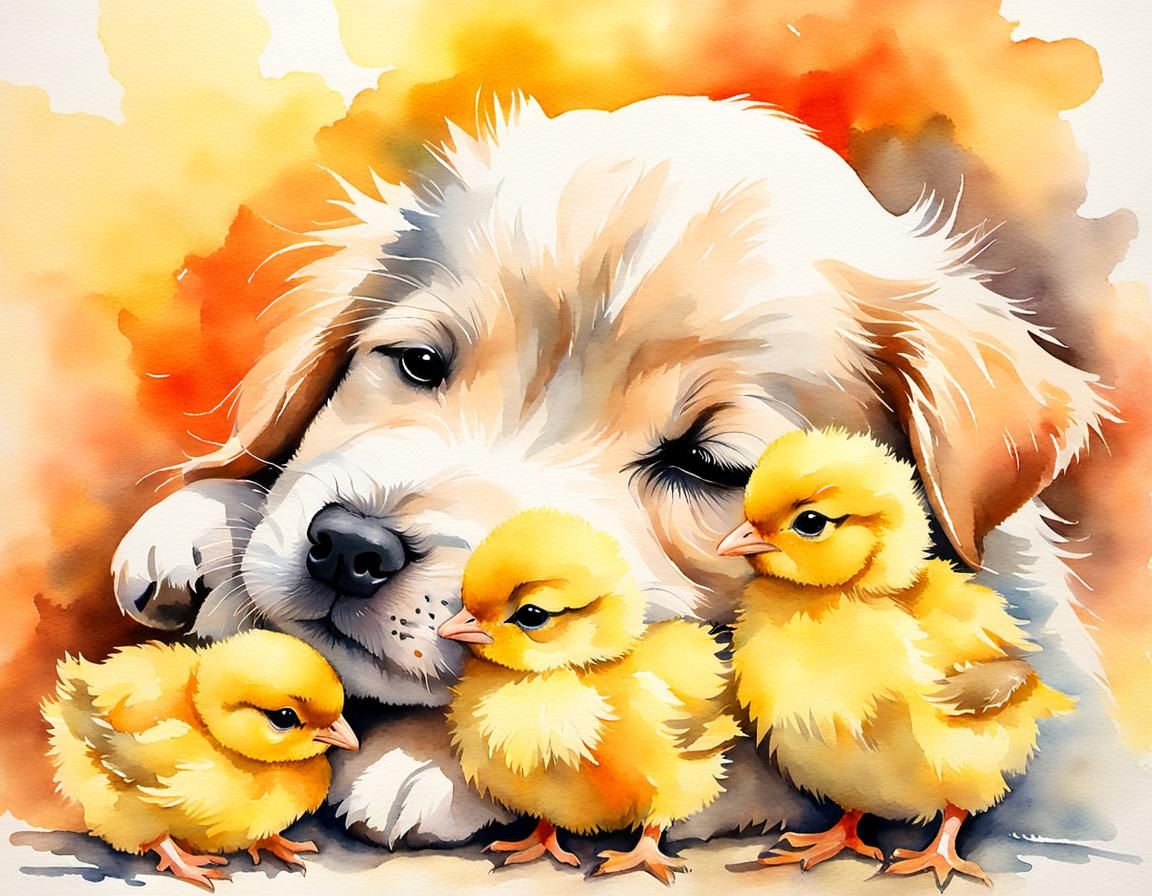 Puppy and Chicks in Watercolor Painting