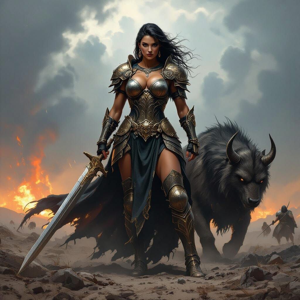Muscular Woman Commands War King in Dark Fantasy Art