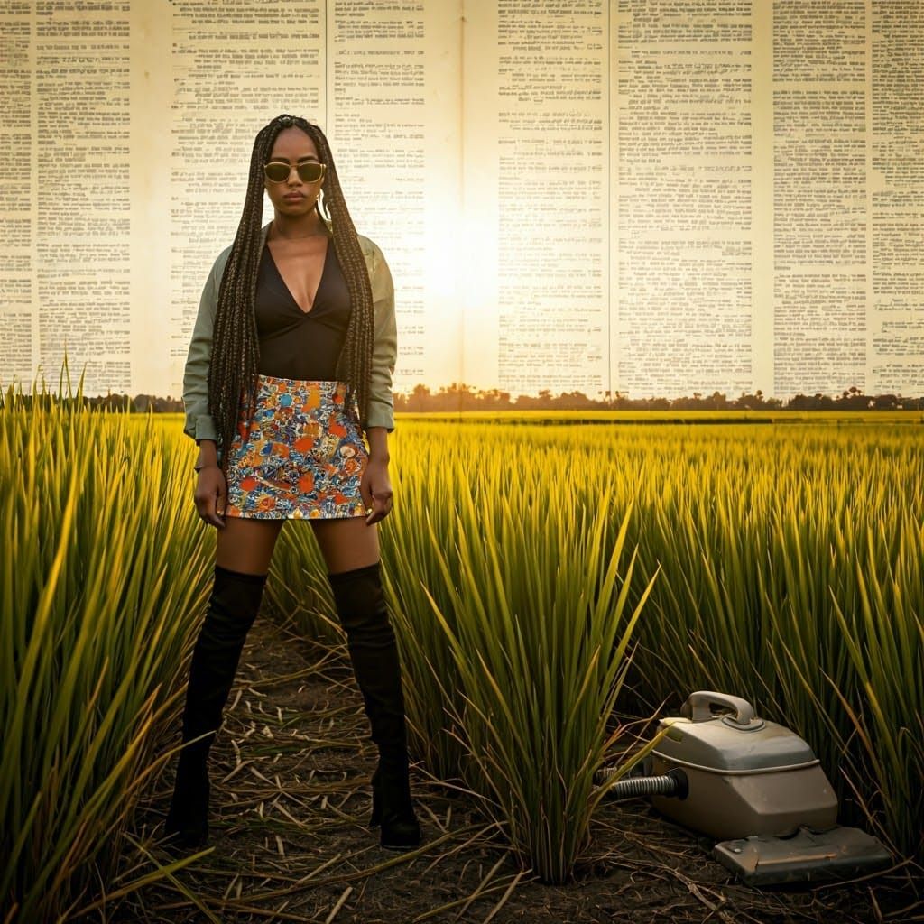 Surreal Young Woman Stands Confidently in a Lush Rice Field