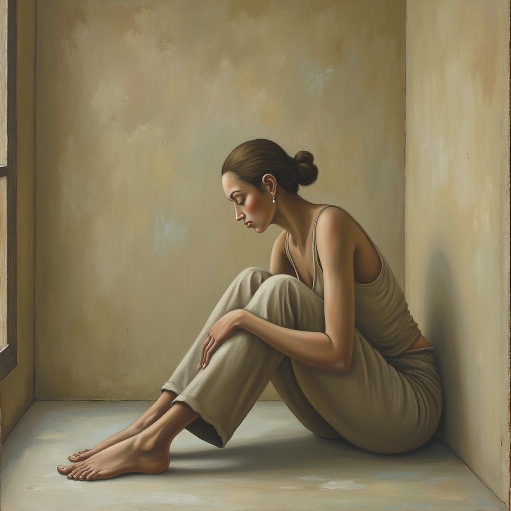 Serene Woman Meditating in Surreal Earth-Toned Room