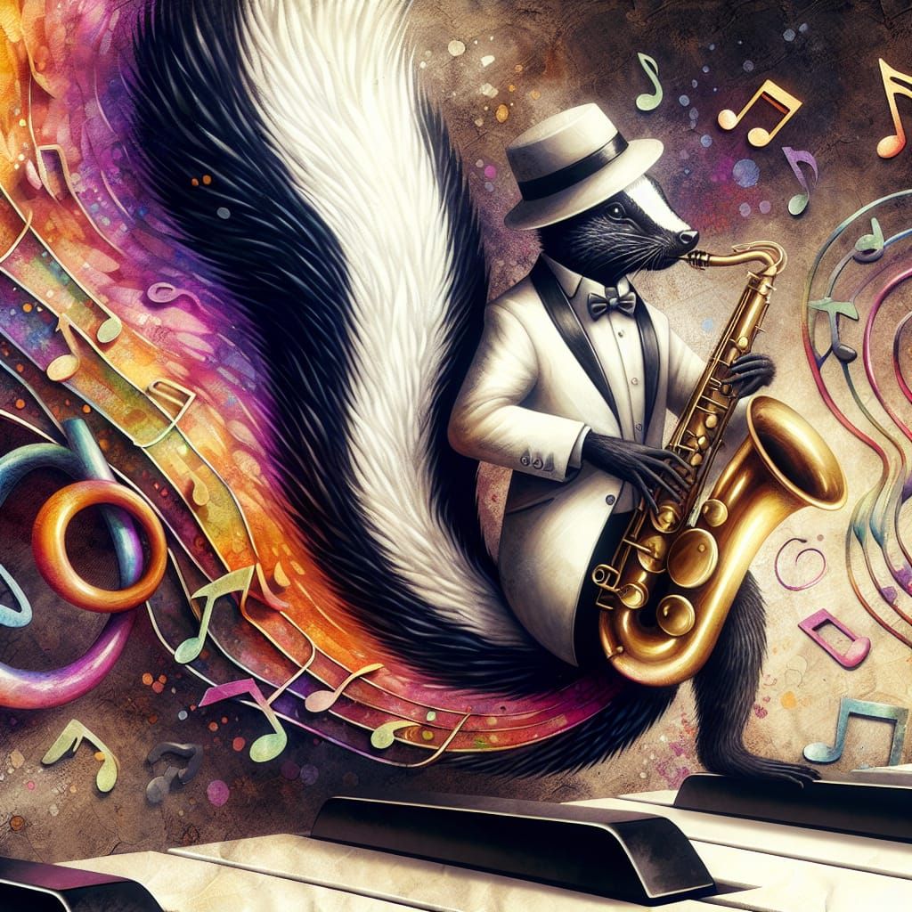 Surrealistic jazz scene. Close-up shot. A skunk wearing a zo...