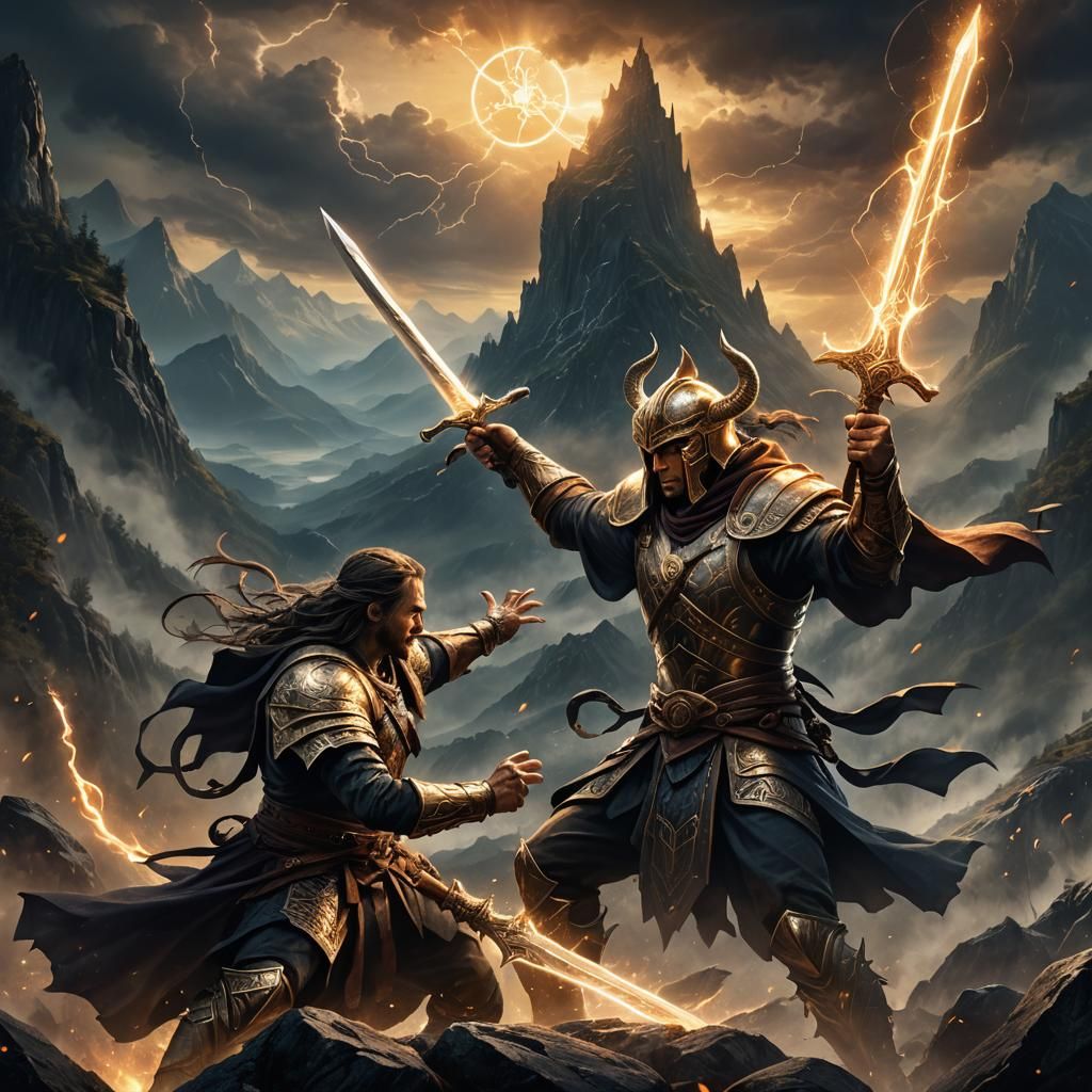 Heroic Warrior vs Dark Sorcerer in Mystical Realm