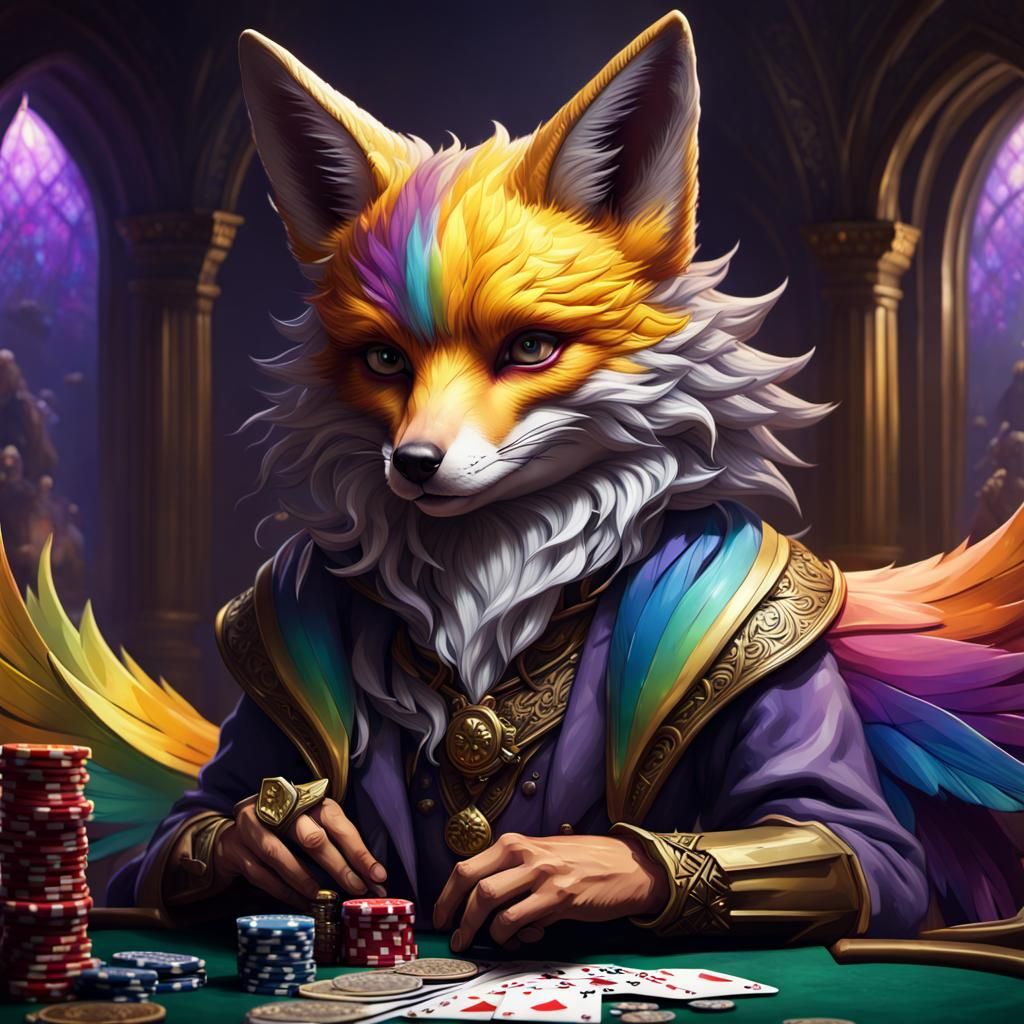 Rainbow Winged Fox Plays Poker: Dark Fantasy Art