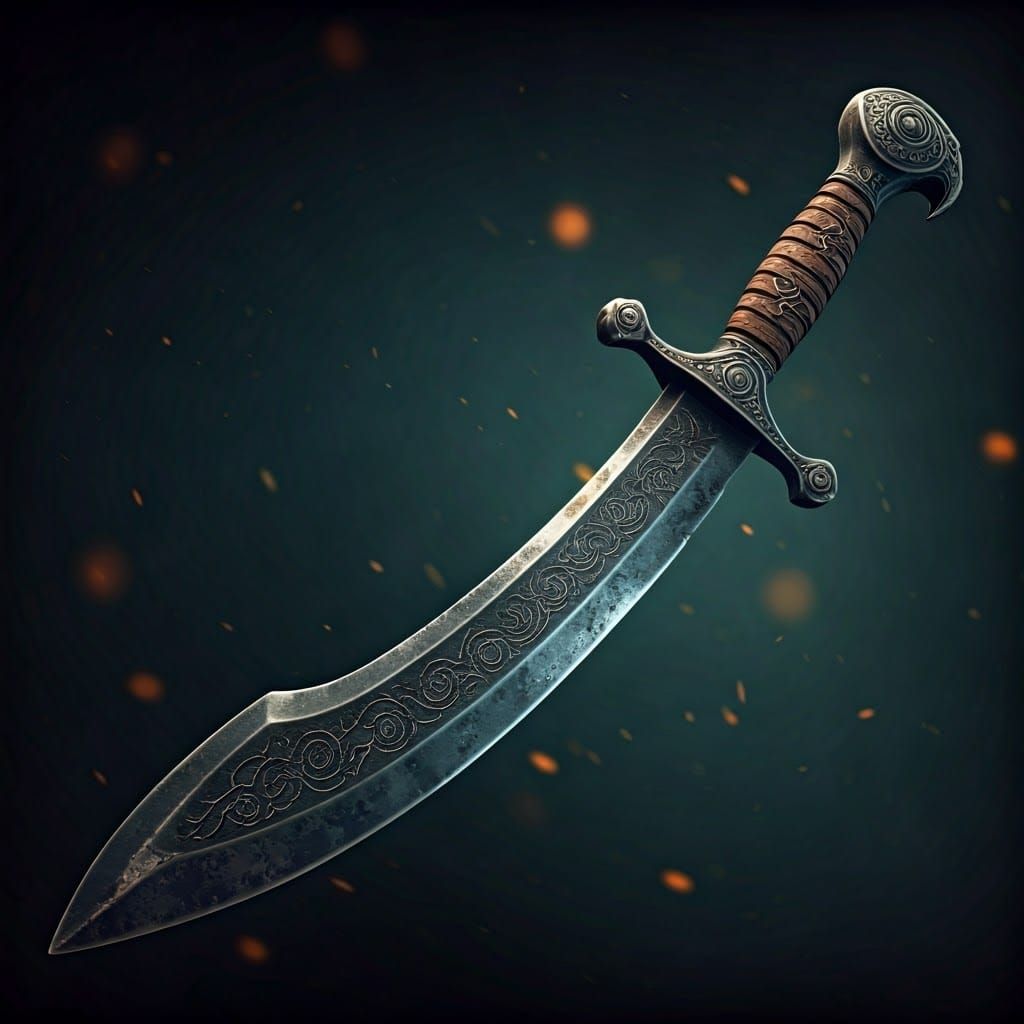 Ancient Iron Scimitar in Mysterious, High-Contrast Landscape