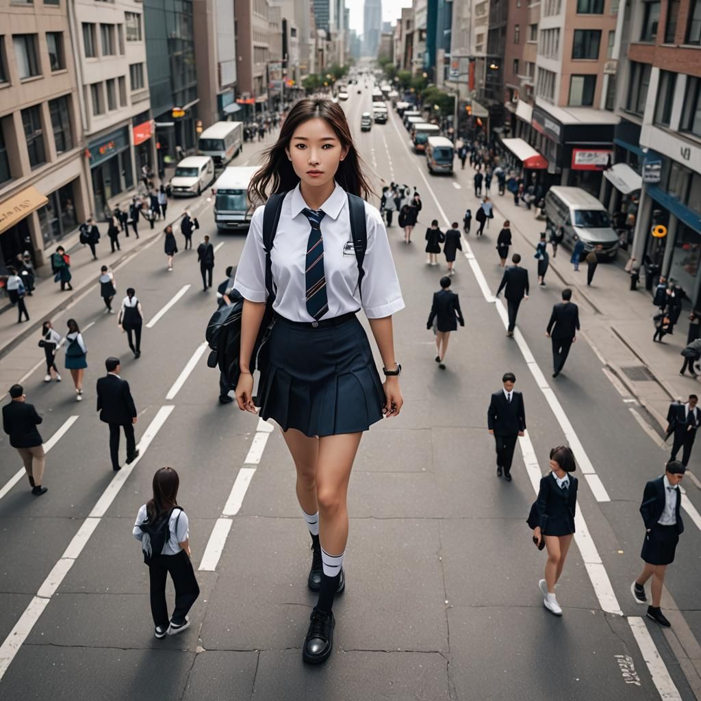 Giant Girl in School Uniform Walking in City