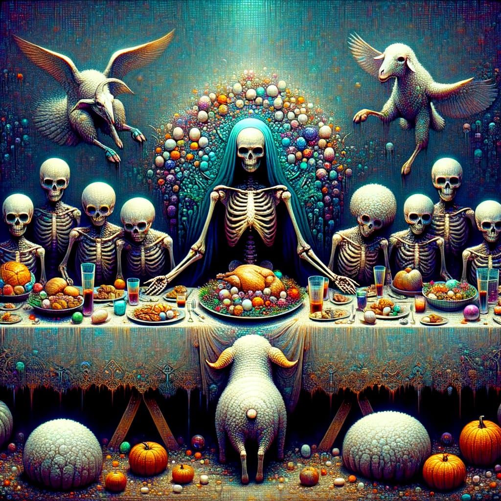 Uncanny Skeletal Thanksgiving Feast in 8k Resolution