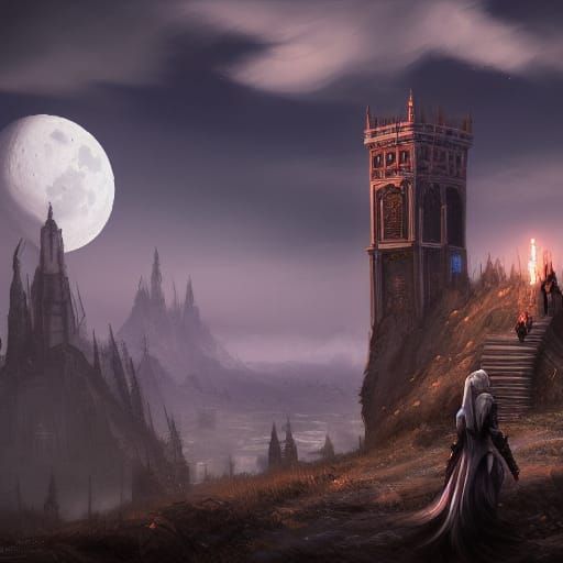 Moonlit Witcher in Tower Ruins: Detailed Matte Painting