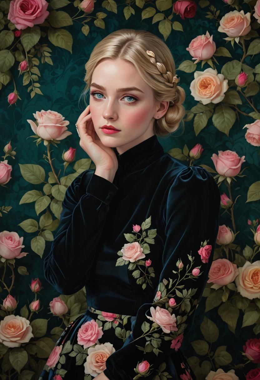 Girl with Blue Eyes in Floral Elegance