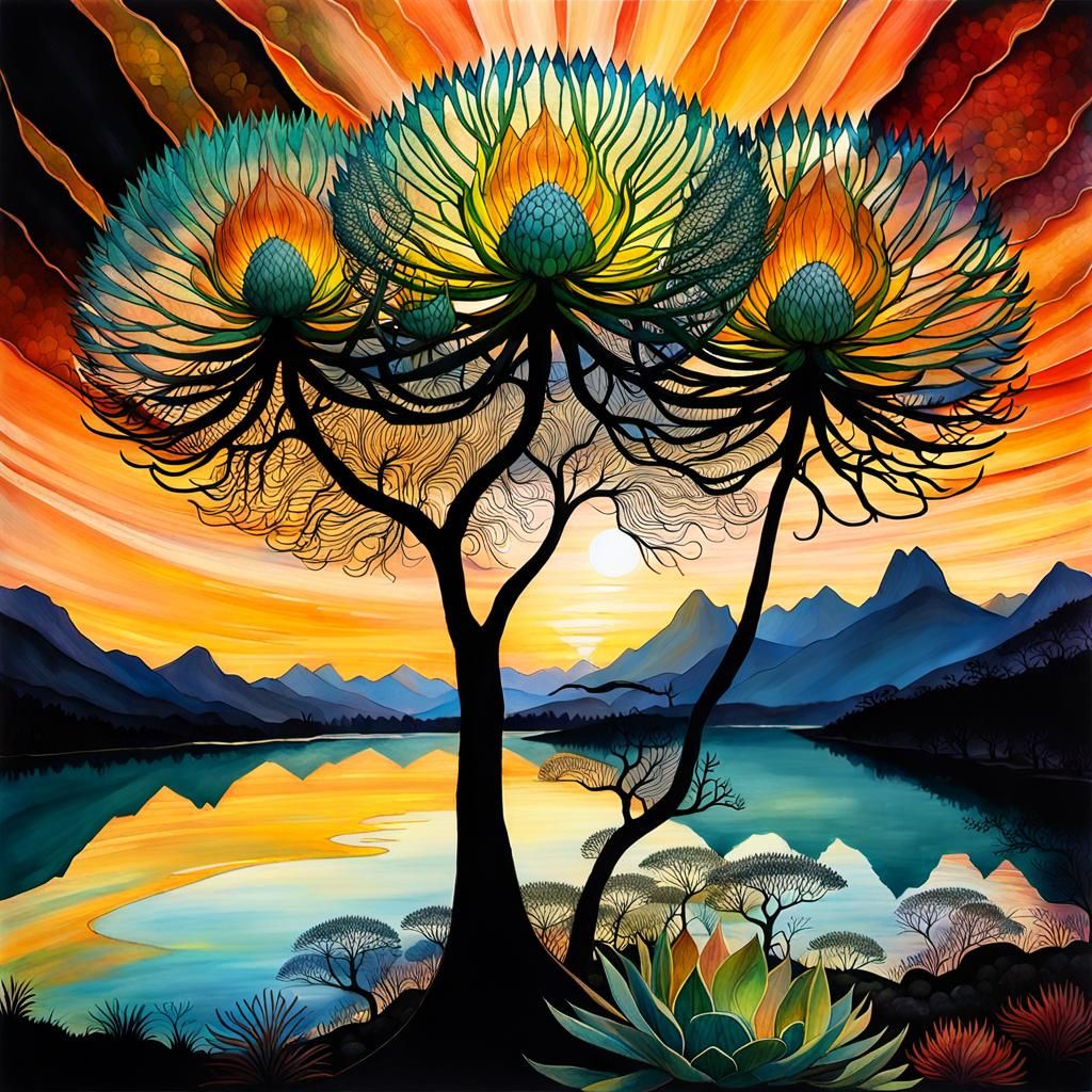 Double Exposure of Mother and Babies with Protea Flowers