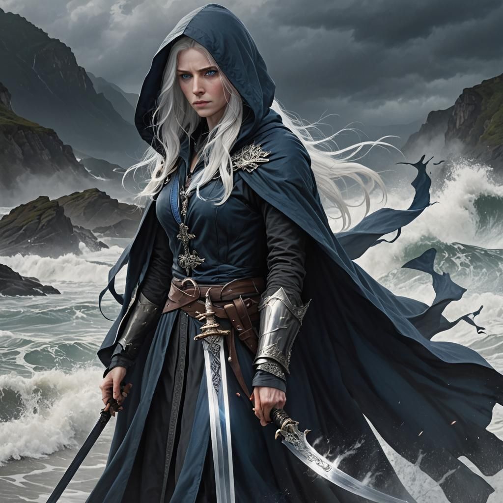 Dark-Skinned Woman with Sword and White Hair