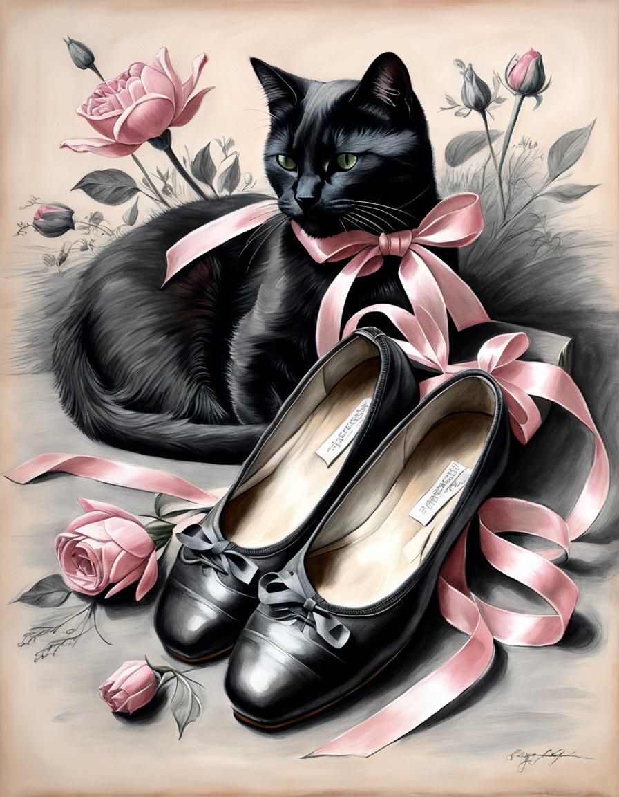 Ballet Shoes, Cat, and Flowers in Pencil Sketch Style