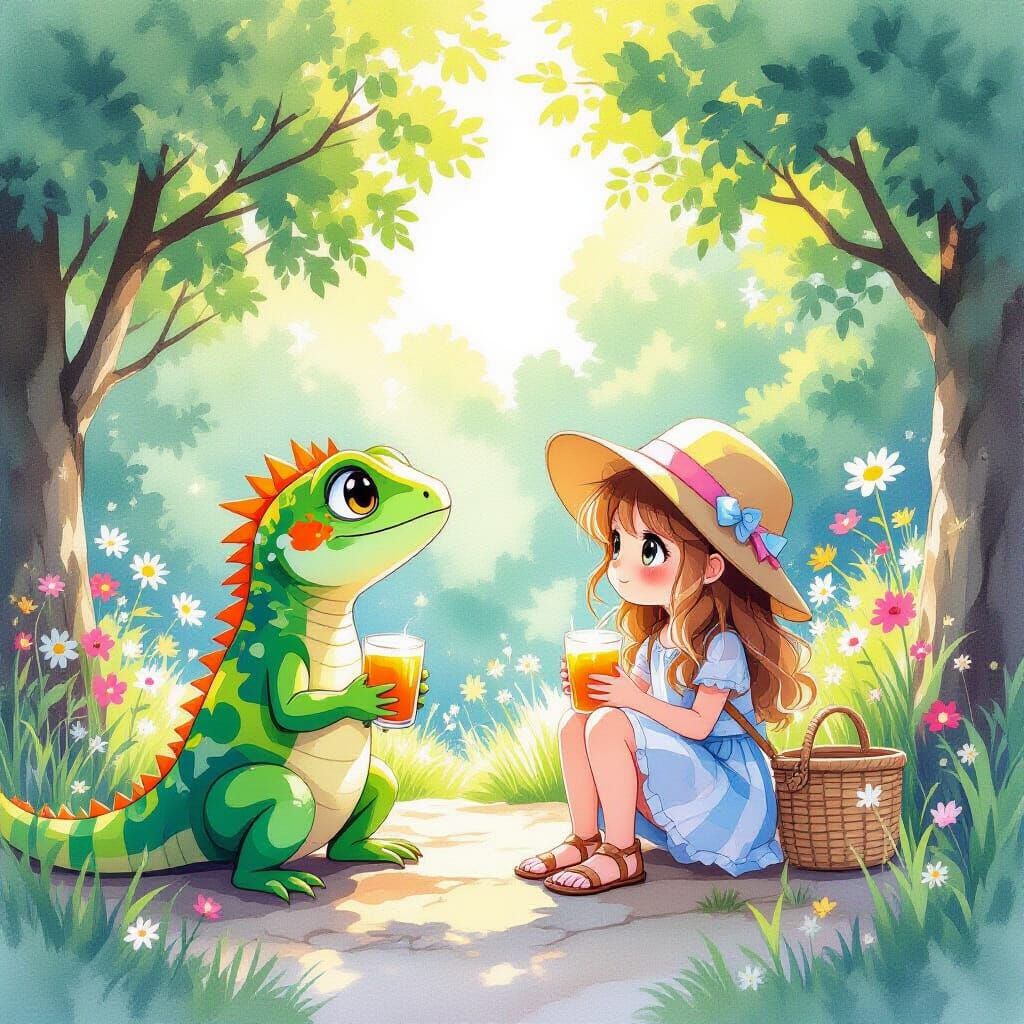 Chibi Lizard Character on a Bright Summer Day